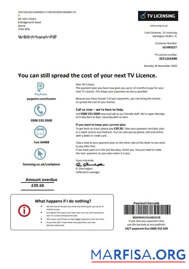 Printable United Kingdom TV Licensing utility bill template in Word and PDF format